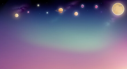 Celestial-Themed Background with Stylized Stars, Moons, and Planets in a Dreamy Pastel Palette
