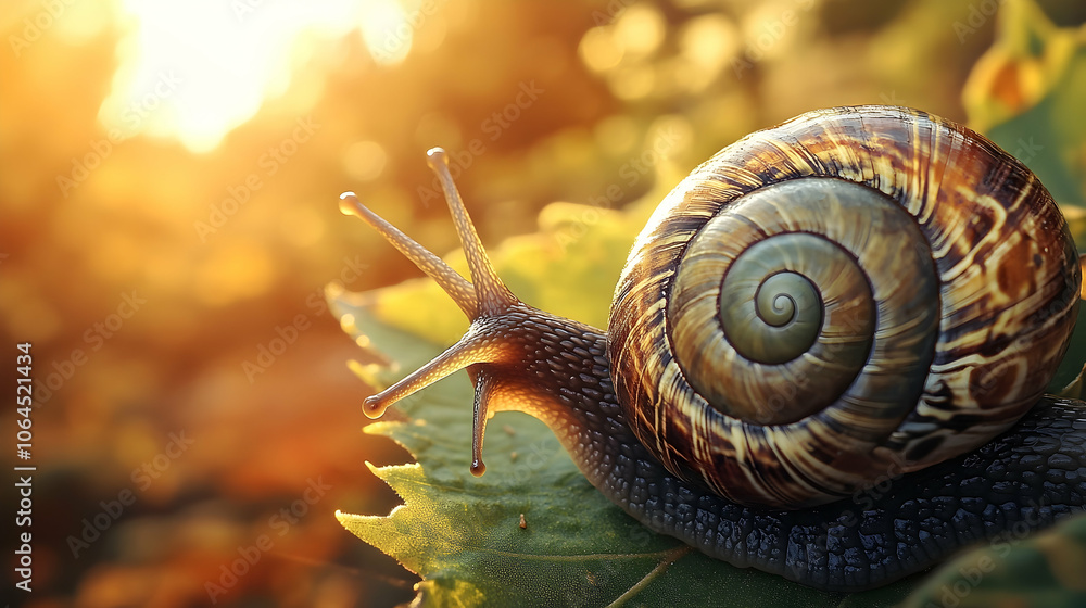 Poster a snail with a brown shell sits on a green leaf with a blurred background of sunlight.