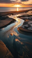 Aerial Tranquility: Sunset Reflections on Creek Through Sandbank