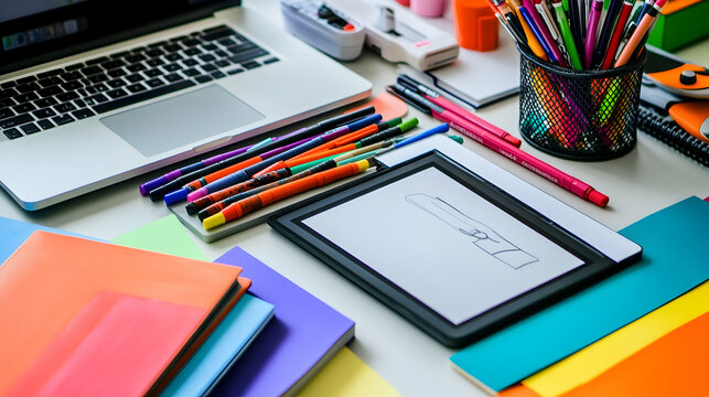 A white desk with a laptop, a tablet, colorful stationery, and notebooks.