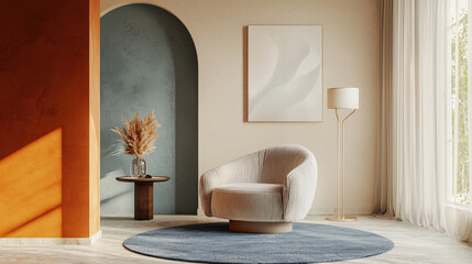 Living Room Interior - Minimalist Home Decor with Sofa, Coffee Table, and Cozy Contemporary Design. Beige and Black Accents, Indoor Plants, Modern Lighting, Wooden Furniture, and Stylish Curtains for 