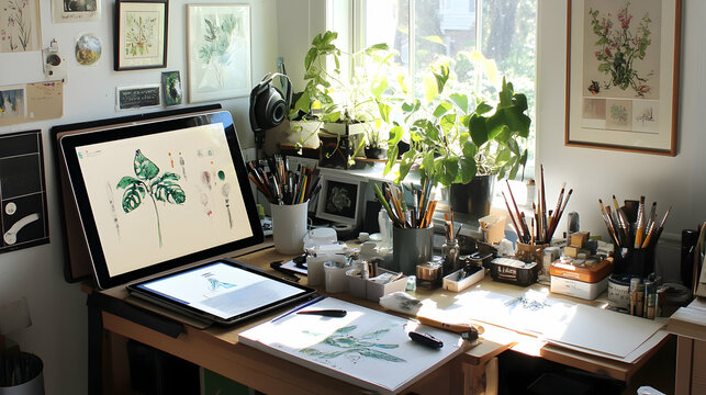 Artist's workspace with a computer, drawing tablet, and art supplies on a wooden desk by a window.