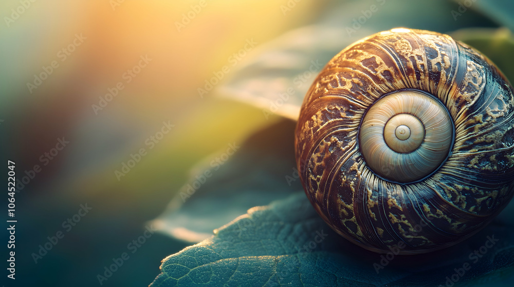 Poster close-up of a snail shell with intricate patterns on a green leaf, illuminated by warm sunlight.