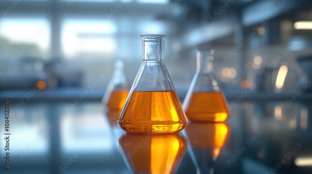 Aufkleber three erlenmeyer flasks are placed in a laboratory setting on a reflective surface. one flask contai