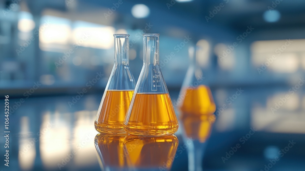 Aufkleber three erlenmeyer flasks are placed in a laboratory setting on a reflective surface. one flask contai