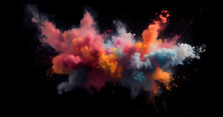 A vibrant explosion of colored smoke on a black background, blending shades of orange, pink, blue, and white, evoking a dynamic and ethereal visual experience.