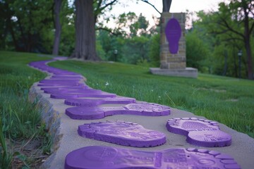 A series of purple footprints leading to a symbolic lupus awareness monument