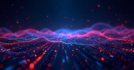 Obraz premium A vibrant digital wave landscape with red and blue light trails, creating a sense of futuristic movement and energy. The scene is filled with particles and depth.