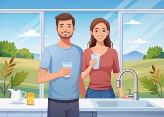 Obraz premium Two cheerful cartoon figures raise glasses of water, illustrating the importance of staying hydrated for overall well-being.