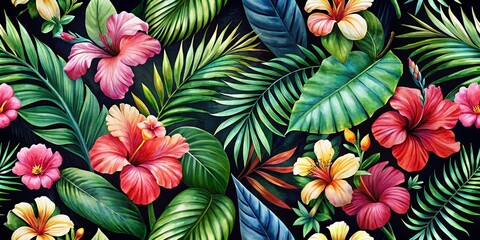 Tropical Watercolor Decor, Palm Leaves, Hibiscus, Sterlite Flowers, Double Exposure