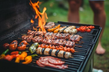 Grilling Food On BBQ Grill With Flames