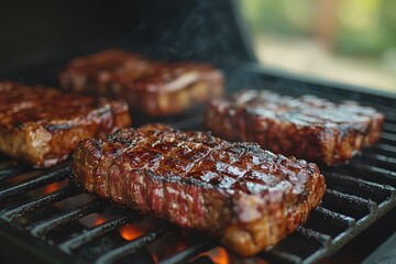 Closeup of Juicy Grilled Steak on a BBQ Grill with Smoke