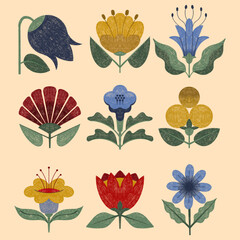 Vintage folk-inspired flower collection with earthy tones and hand-drawn charm. Perfect for textile patterns, home decor, packaging, stationery, branding, and DIY crafts. 