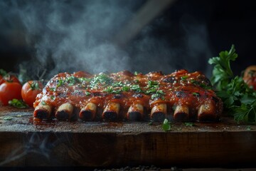 Smoked BBQ Ribs with Parsley and Steam on Wooden Cutting Board
