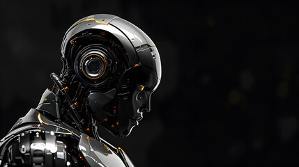 Fototapeta premium Robot isolated on solid black background, emphasizing shiny metal surface
