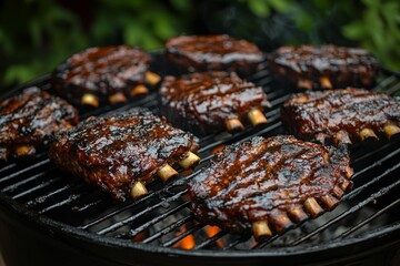 Closeup of Ribs on a Charcoal Grill