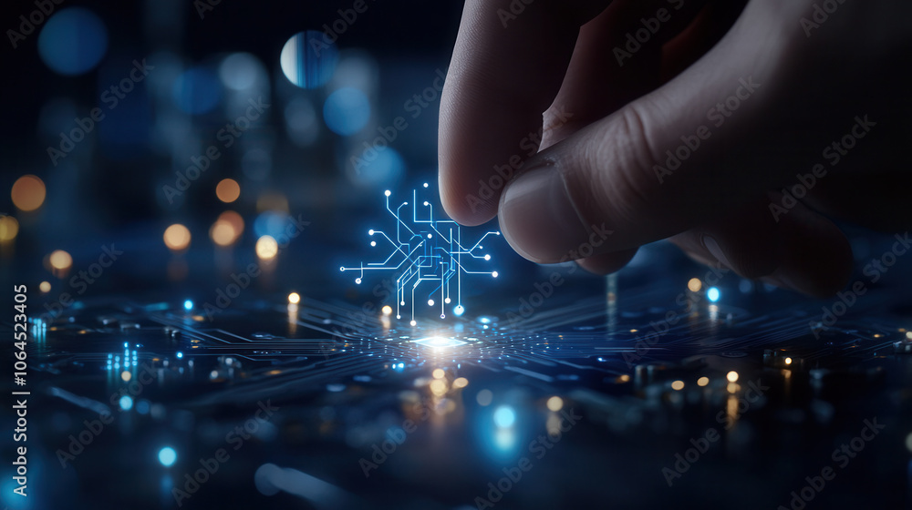 Poster close up of hand assembling ai chip, showcasing intricate circuitry and glowing connections. image c