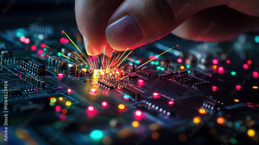 Poster close up of hand assembling ai chip, showcasing vibrant lights and intricate circuitry. image captur