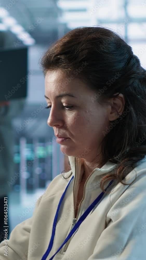 Poster portrait of upbeat woman working in high tech ai facility providing computing resources for differen