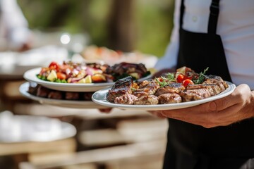 Waiter carrying plates with meat dish on some festive event, party or wedding reception restaurant