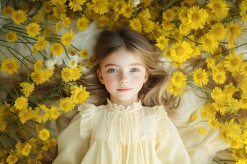 A serene child surrounded by vibrant yellow flowers, embodying innocence and tranquility in a dreamy, floral setting.