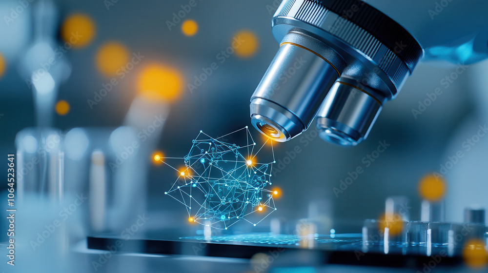Aufkleber close up of microscope examining digital structure, showcasing advanced technology and innovation in
