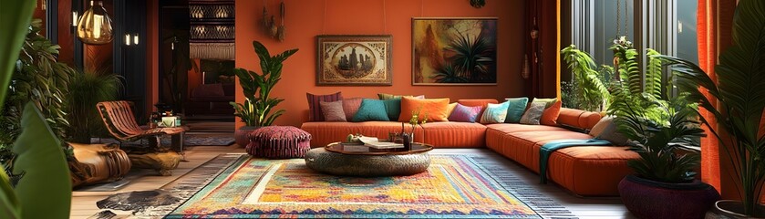 Boho Living Room with Orange Walls and Colorful Rug