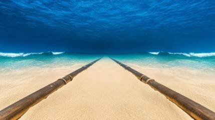 Underwater pipelines stretching across seabed, faintly lit by natural light, sandy sea floor, gentle waves in background, sense of depth and stability