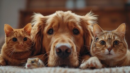 Happy dog with two kittens sitting together on the floor indoors