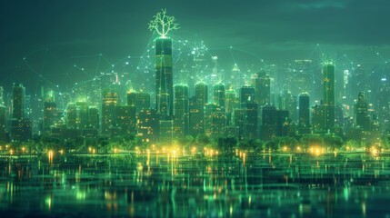 City adorned with neon ribbon and sprout, rendered in low poly wireframe on green backdrop.