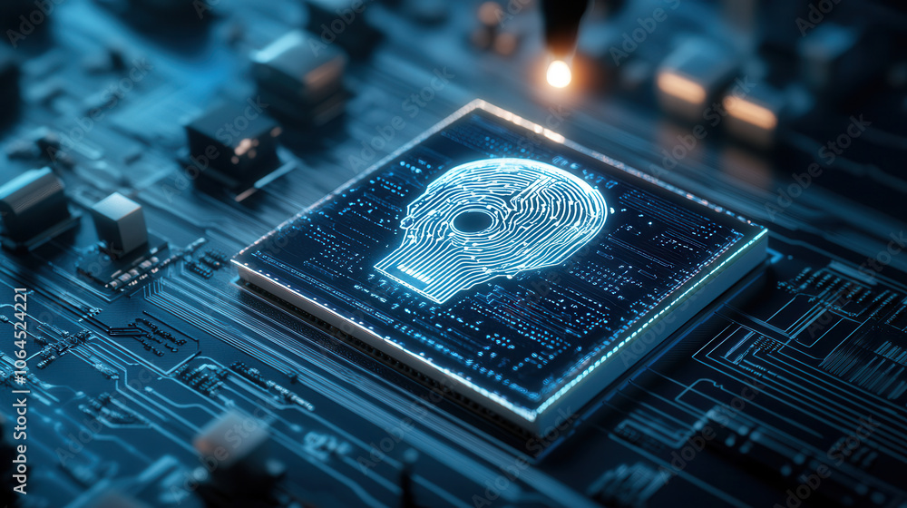 Poster digital circuit board featuring glowing skull design, symbolizing technology and artificial intellig