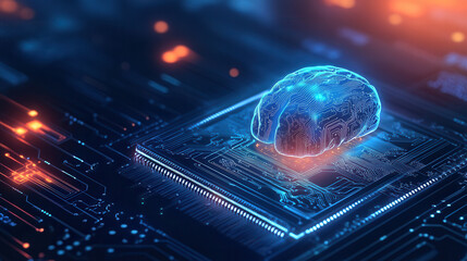 futuristic digital brain on circuit board, symbolizing AI technology and innovation. vibrant colors and intricate details evoke sense of advanced technology and creativity