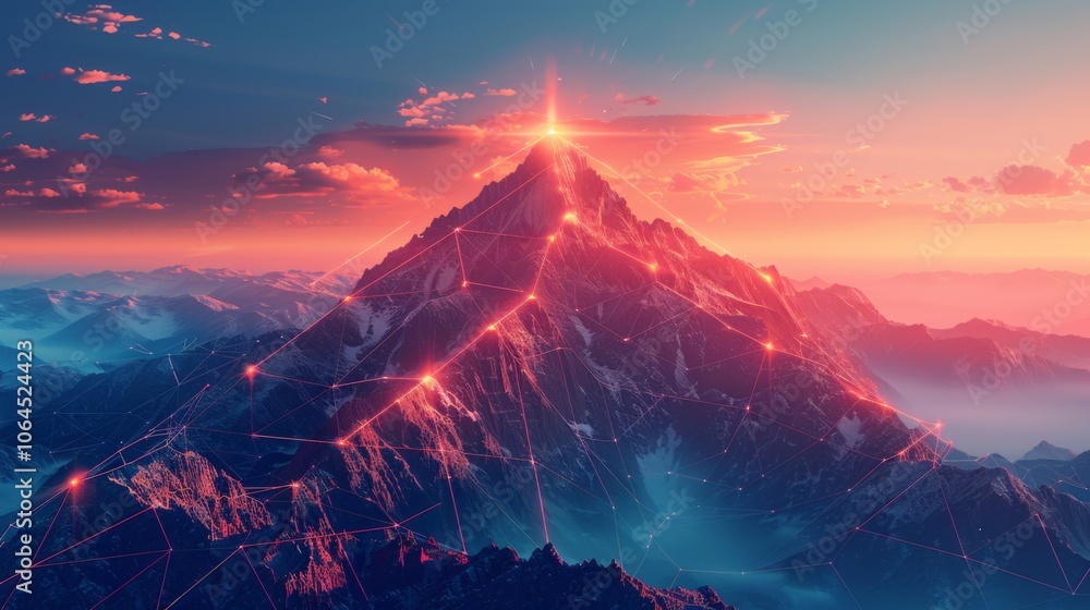 Poster vector graphic of a flag on a mountain, including lines, triangles, and particles. representation of