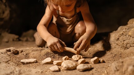 Neanderthal child playing exploring rocks and tools in cave, depicting early human curiosity and primitive tool usage in prehistoric setting