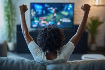 Fototapeta premium Young black African American woman enjoy a victory playing video games on TV