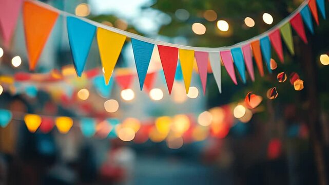 Colorful party flags hanging in the air with blurred lights in the background. Animation looping video background. Generated with AI
