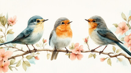 Fototapeta premium A few birds standing on a branch full of peach blossoms