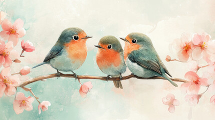 Fototapeta premium A few birds standing on a branch full of peach blossoms