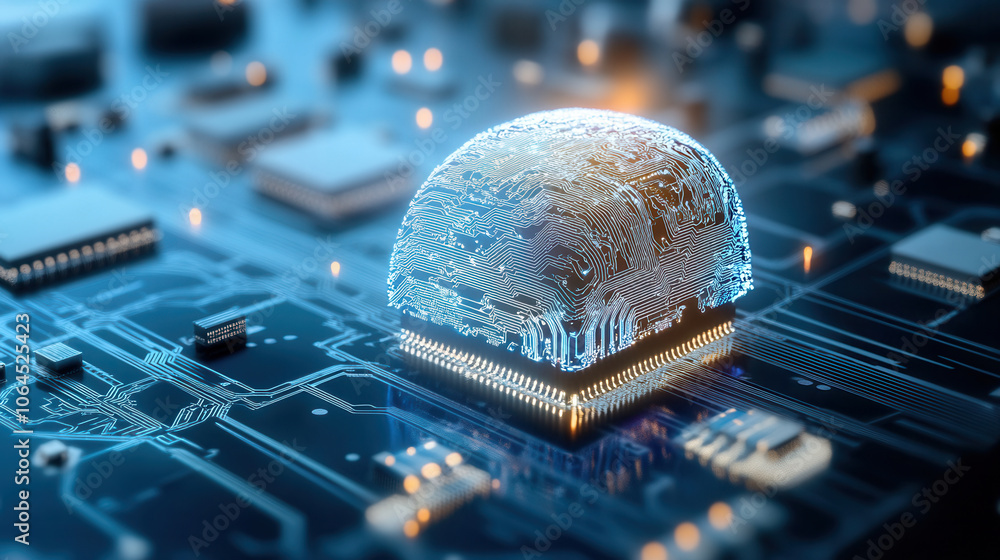 Poster futuristic microchip on circuit board, symbolizing technology and innovation. intricate design showc