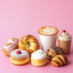 Assortment of colorful pastries with a latte art design, vibrant pink background, isolated with ample room for messaging