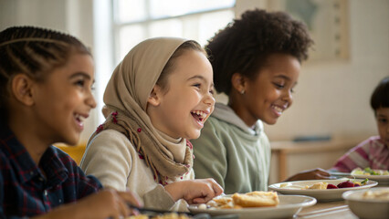 Diverse group of children enjoying a meal together, smiling and sharing joyful moments