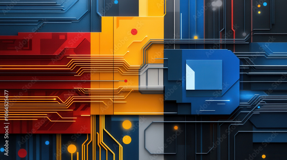 Poster vibrant abstract design featuring colorful circuit patterns and lines representing technology and in