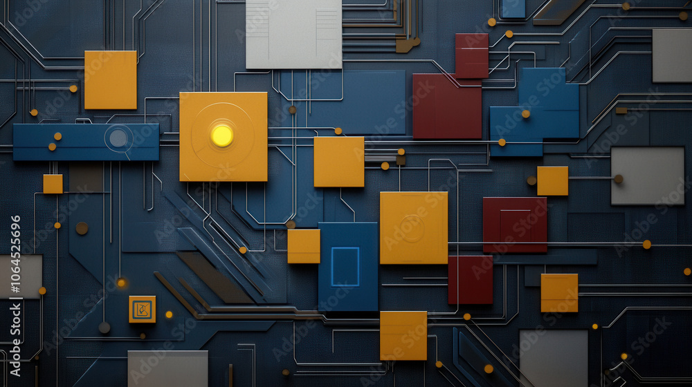 Poster vibrant abstract representation of circuit board with colorful geometric shapes, showcasing complexi