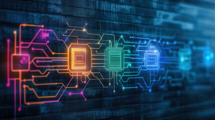 vibrant mural depicting evolution of AI chip technology with colorful circuits and intricate designs. This artwork showcases advancement in computing