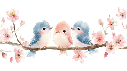 A few birds standing on a branch full of peach blossoms