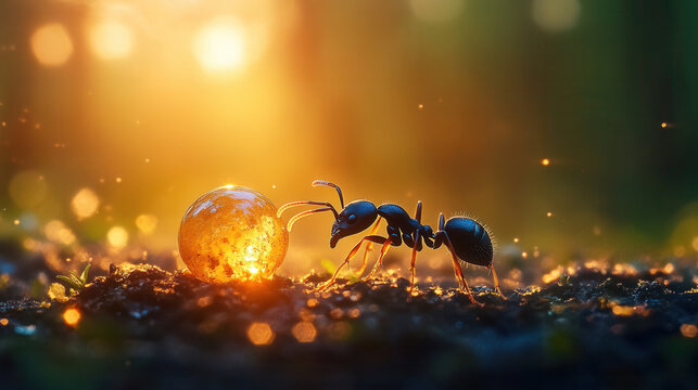 tiny black ant with golden stone, showcasing nature beauty in sunlight. scene captures delicate balance of life and wonders of natural world