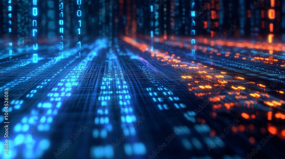 Poster abstract digital grid representing the intersection of technology and finance.