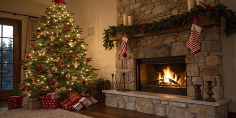 Fototapeta premium Beautiful evergreen Christmas tree standing tall behind a crackling fireplace with stockings and presents hanging on the mantel, holidays, occasion, home, festive, decorations