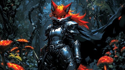 Mystical Fox Warrior in Enchanted Armor Navigates Neon-Lit Enchanted Forest