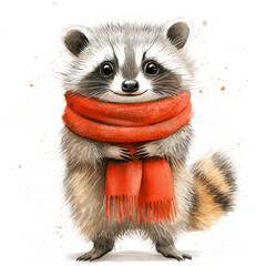 Obraz premium Cute Racoon Wearing Red Scarf - Cute Winter Watercolor Illustration for Christmas Cards, Holiday Decor, and Festive Seasonal Artwork
